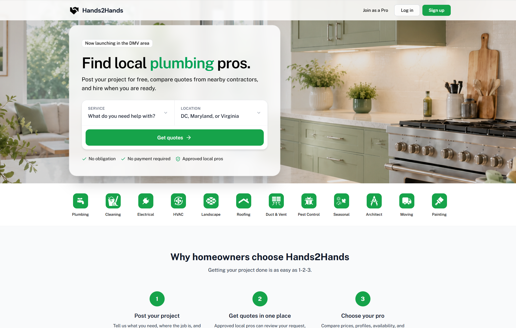 Hands2Hands marketplace landing experience for homeowners