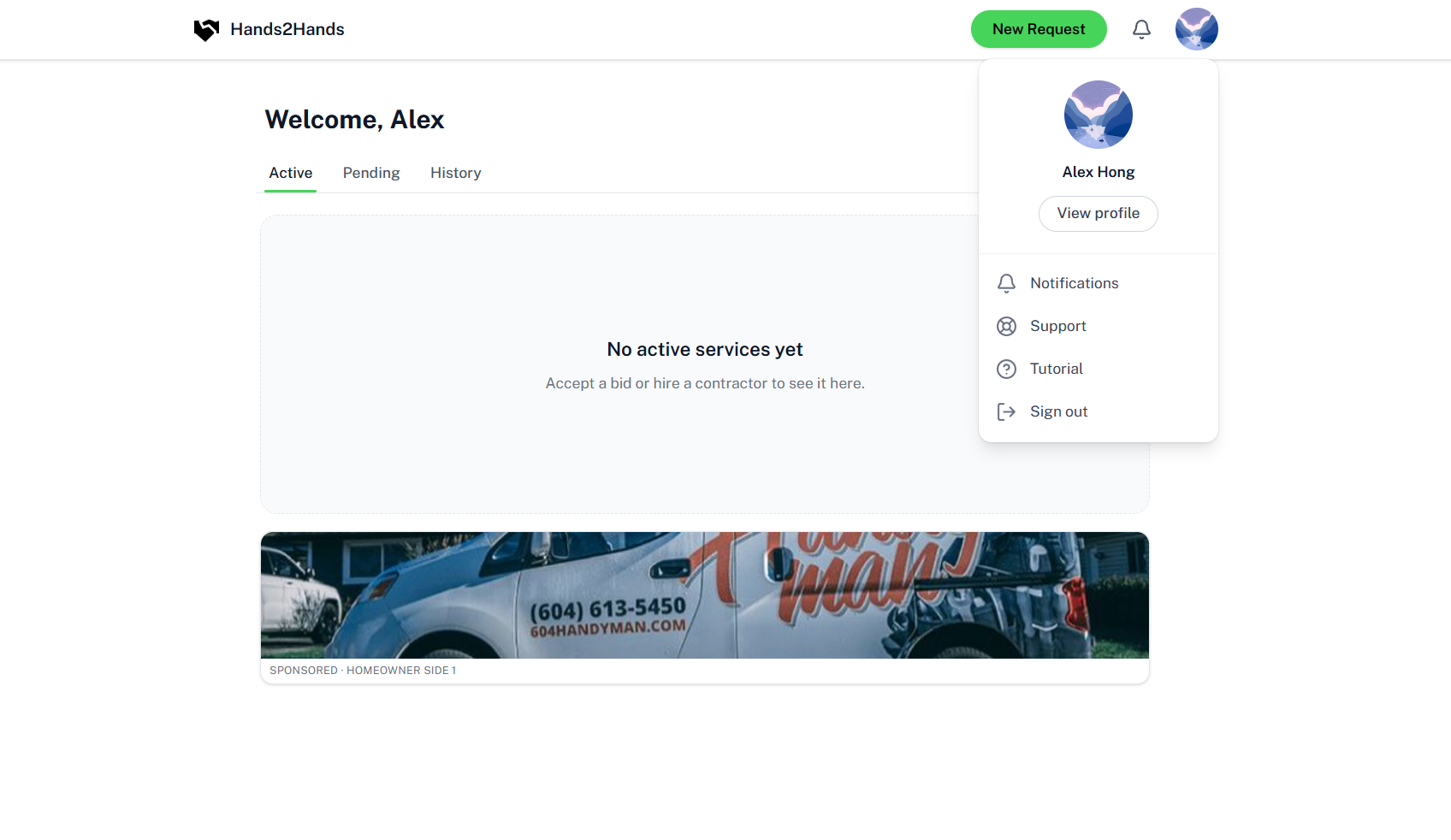 Hands2Hands marketplace landing experience for homeowners